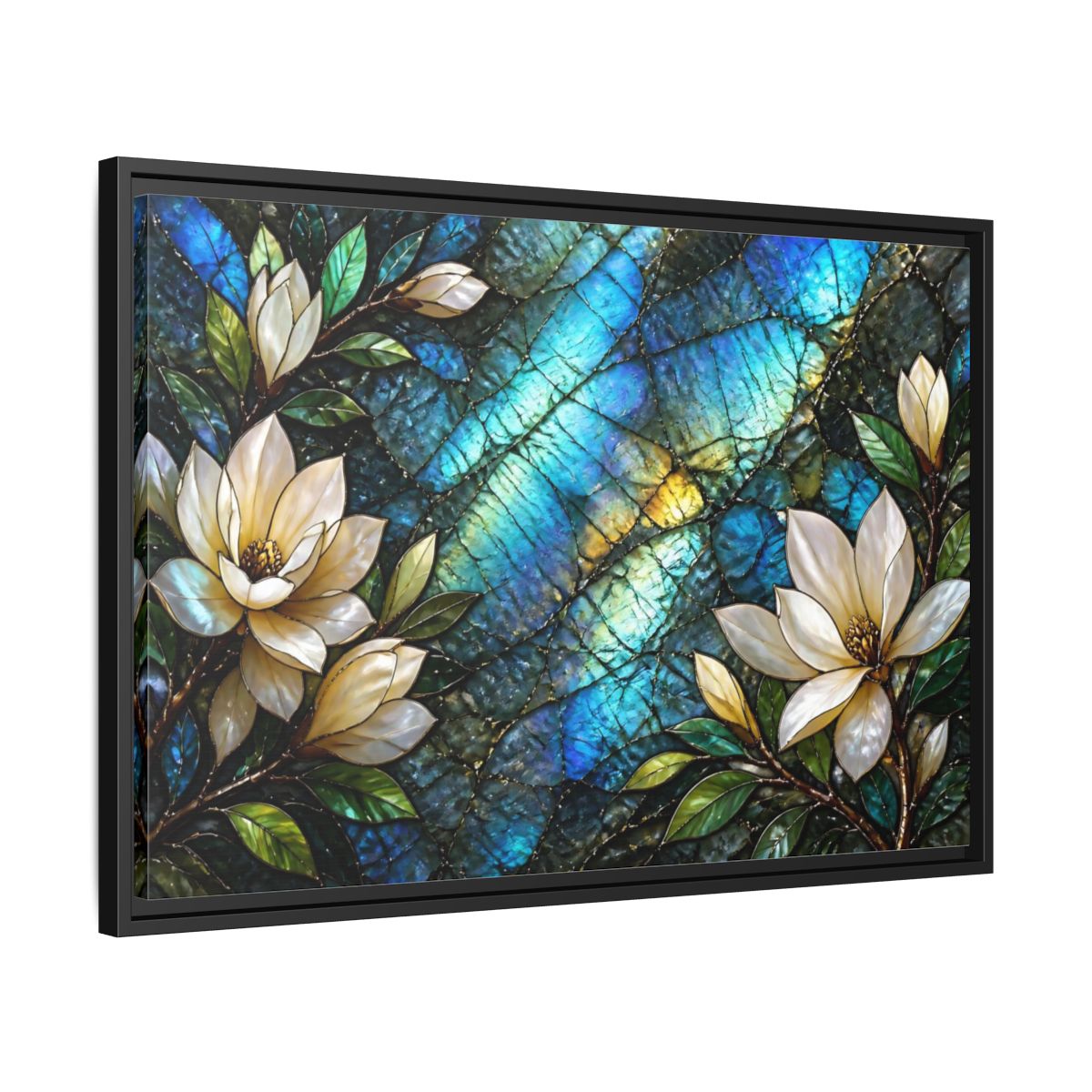 Side Mockup 14. Iridescent Magnolia Blossoms shown as framed canvas print