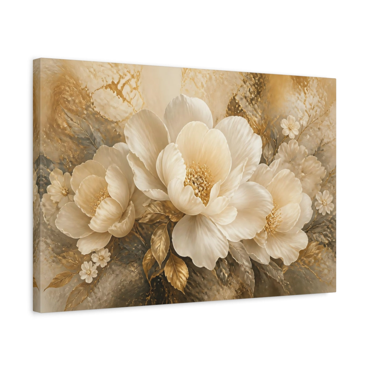 Side Mockup 3. Ivory Gold Peony shown as canvas print