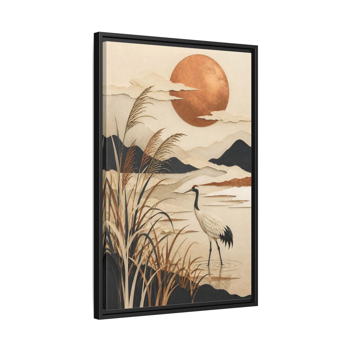 Side Mockup 14. Japanese Crane At Copper Moon shown as framed canvas print