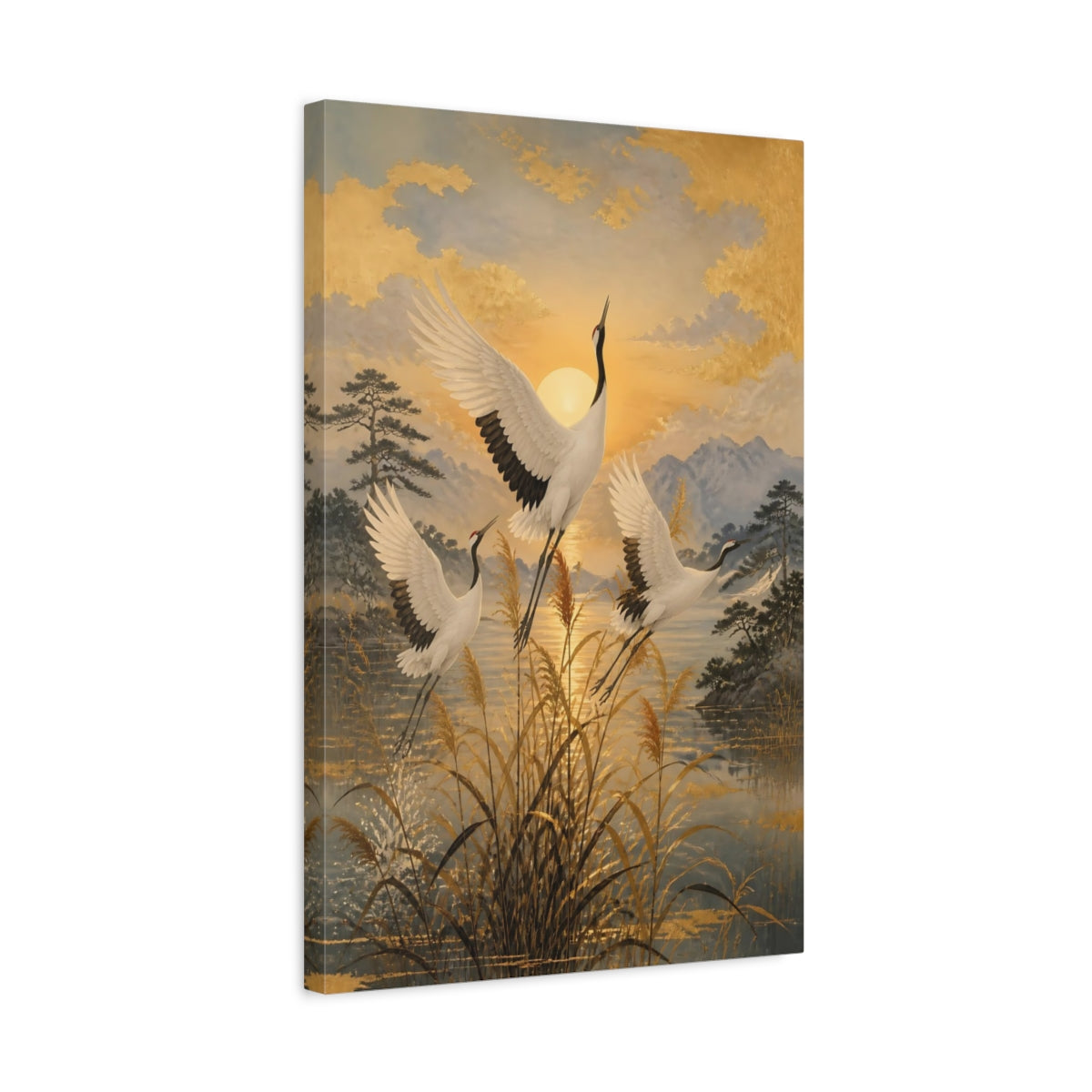 Side Mockup 3. Japanese Cranes Sunrise shown as canvas print