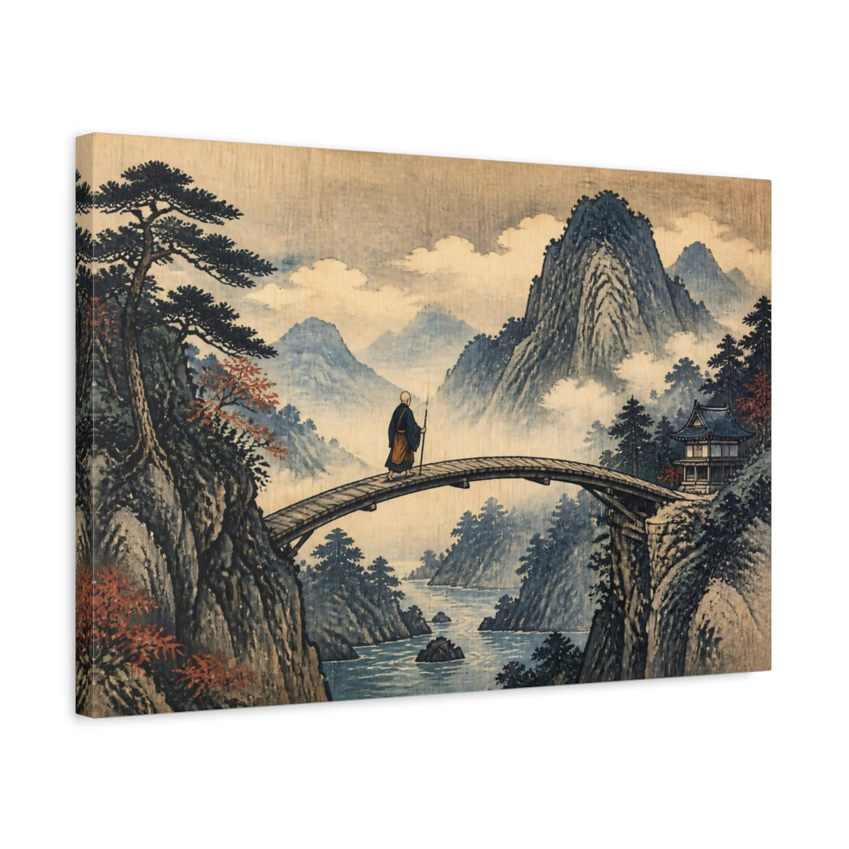 Side Mockup 3. Japanese Monk On Bridge shown as canvas print
