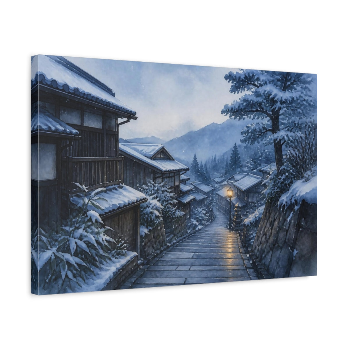 Side Mockup 3. Japanese Snowy Lane shown as canvas print