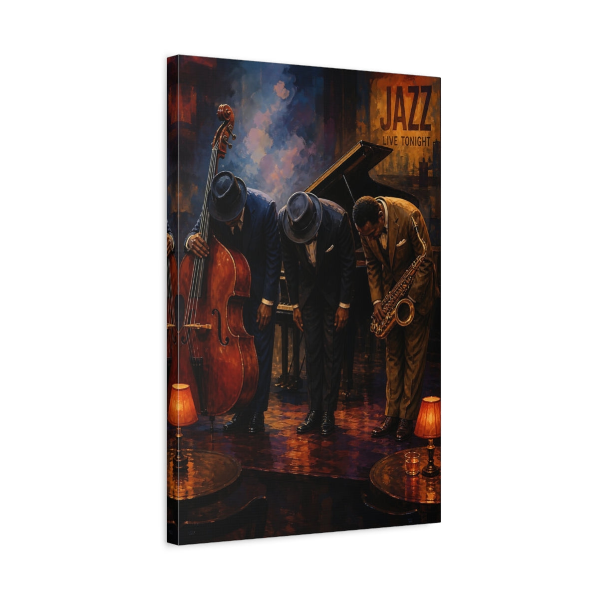 Side Mockup 3. Jazz Club Bow shown as canvas print