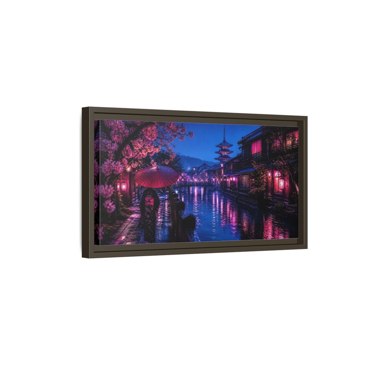 Side Mockup 7. Kimono Stroll By Canal shown as framed canvas print
