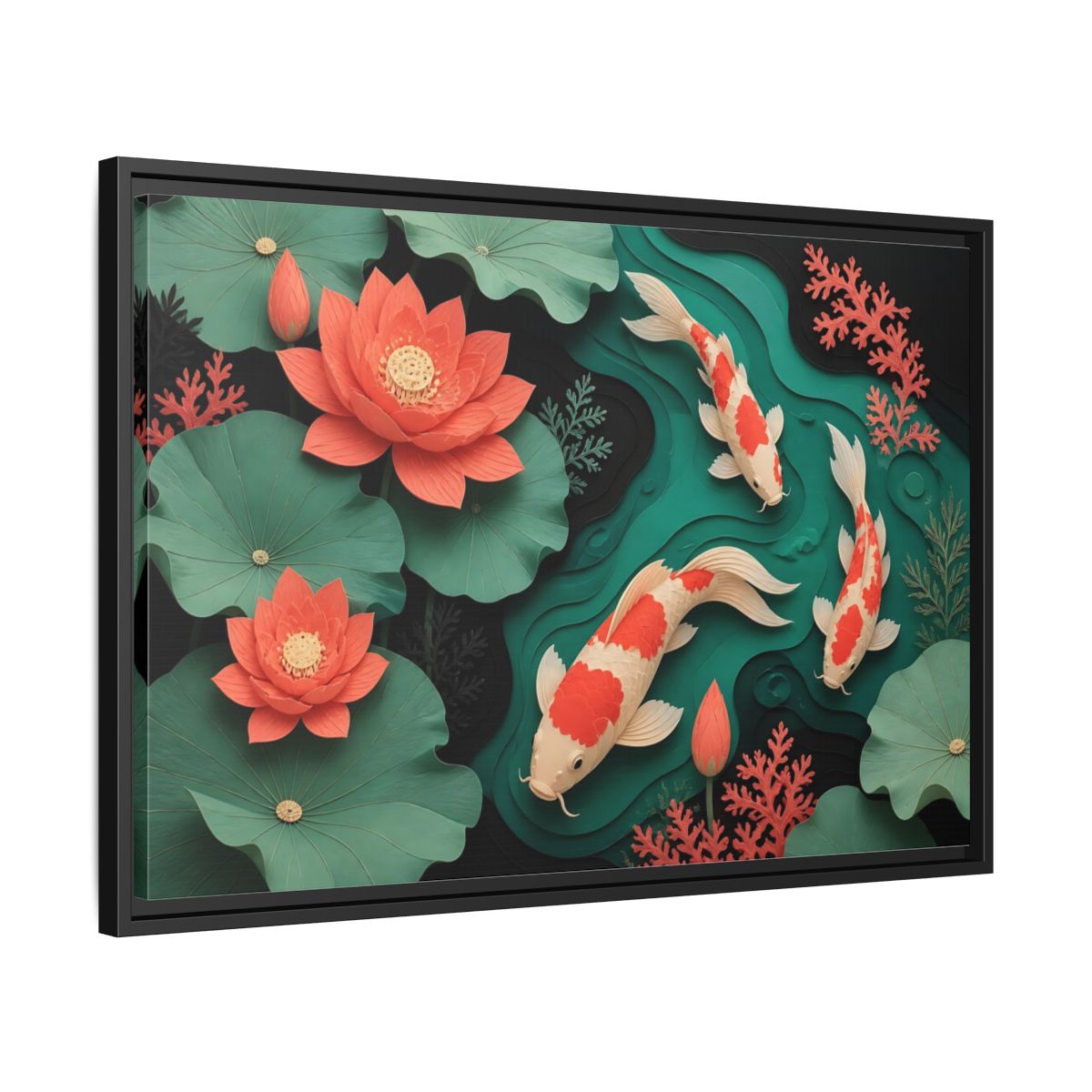 Side Mockup 14. Koi In Lotus Pond shown as framed canvas print
