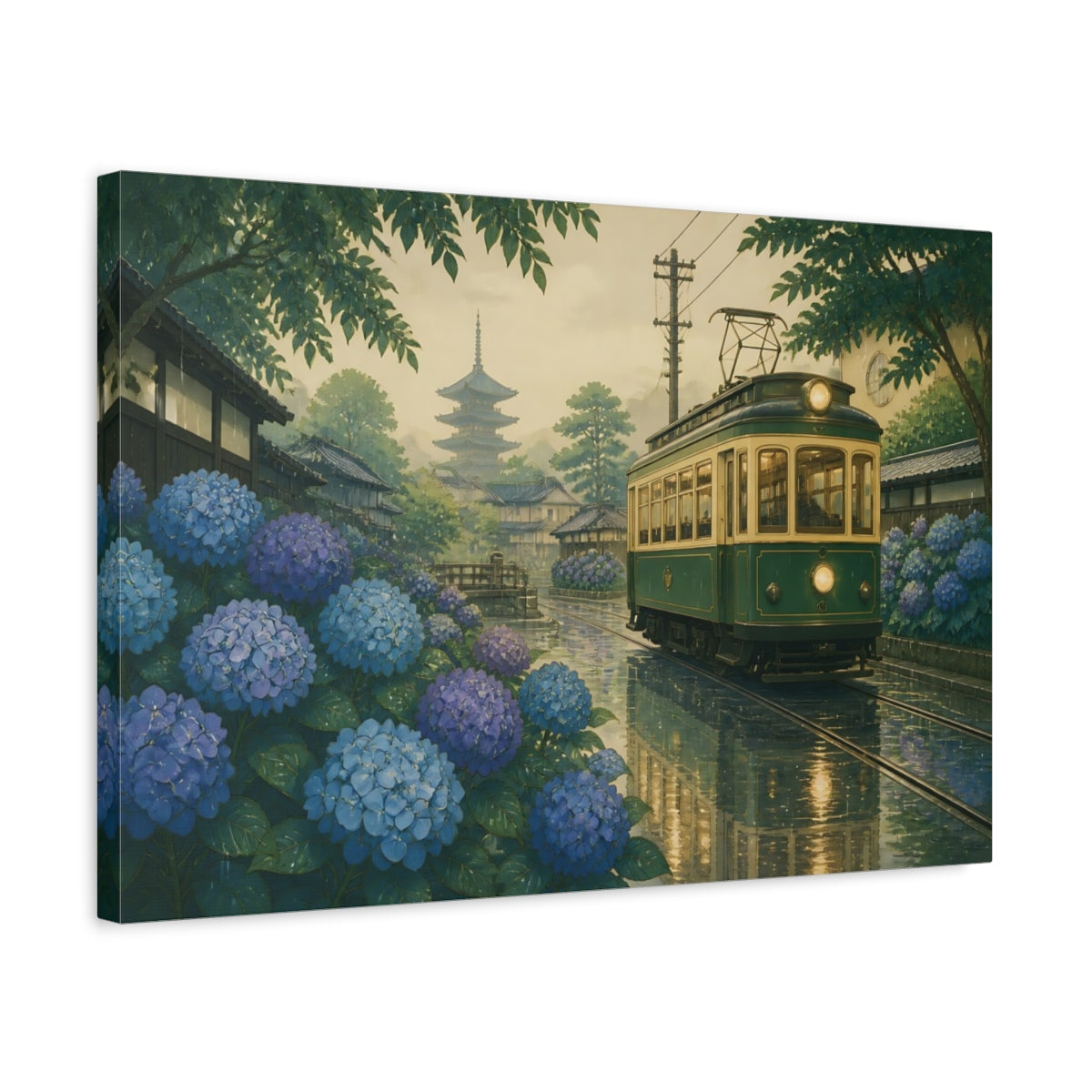 Side Mockup 3. Kyoto Hydrangea Tram shown as canvas print