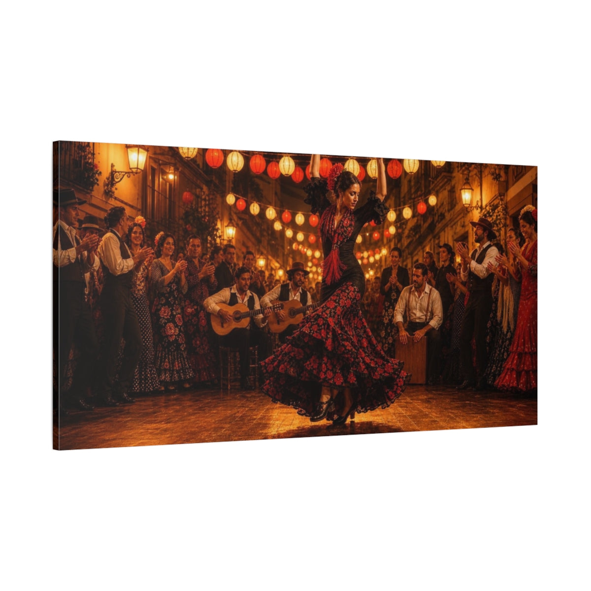 Side Mockup 2. Lantern-Lit Flamenco Night shown as canvas print