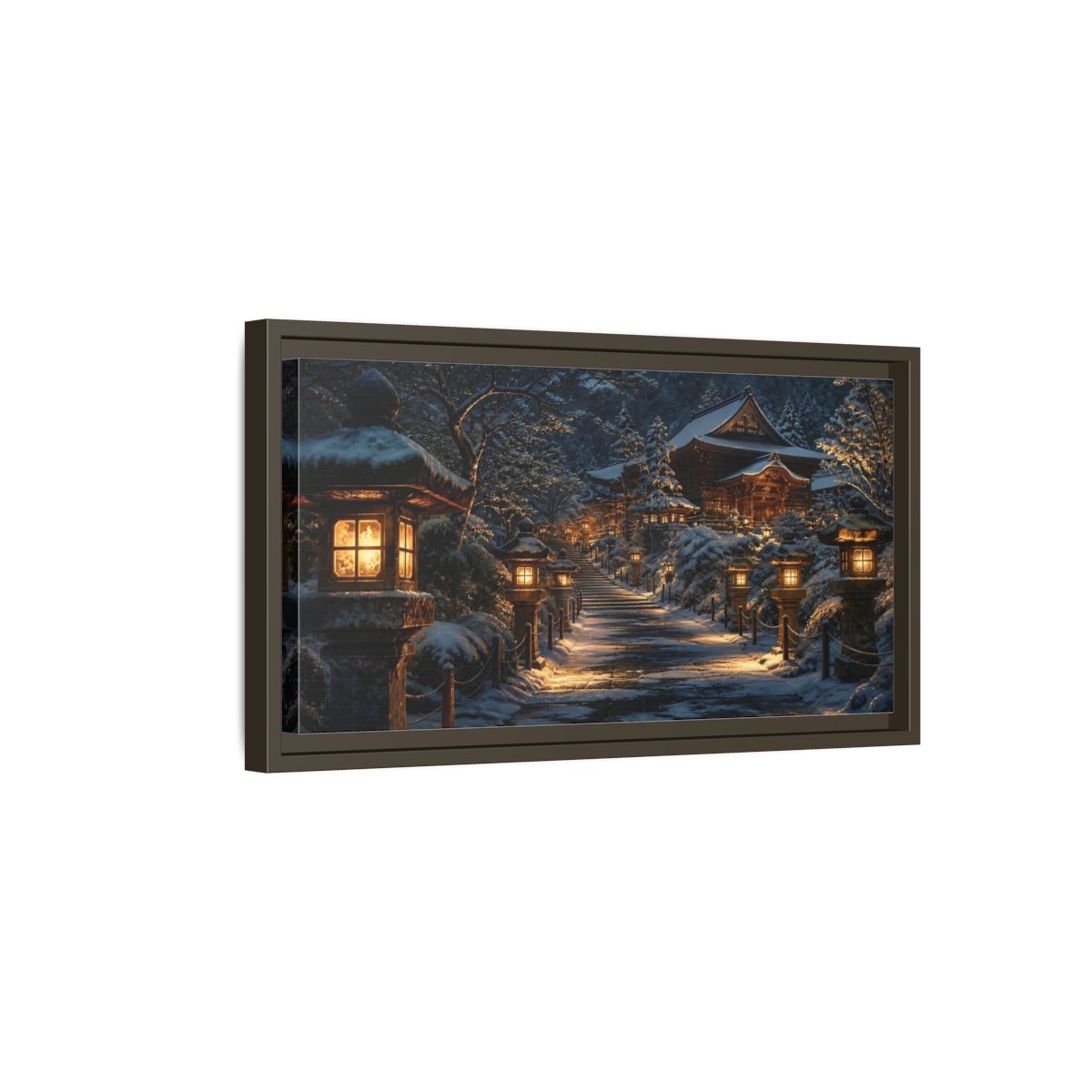 Side Mockup 7. Lantern-Lit Temple Path shown as framed canvas print