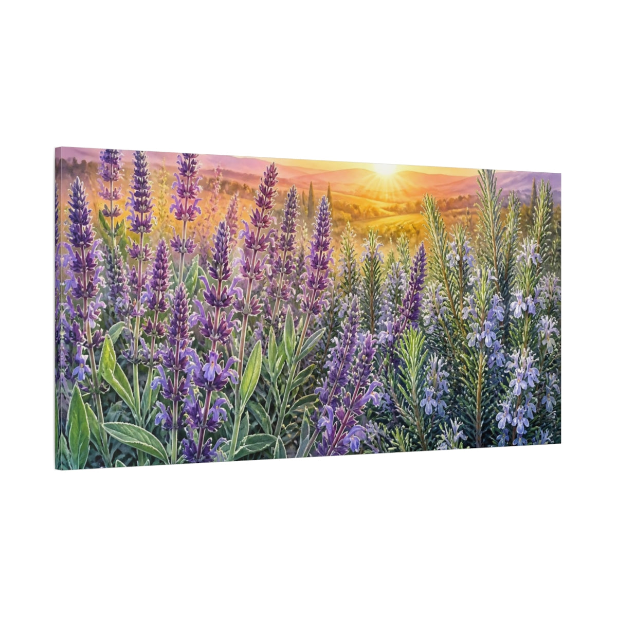 Side Mockup 2. Lavender And Rosemary Sunrise shown as canvas print