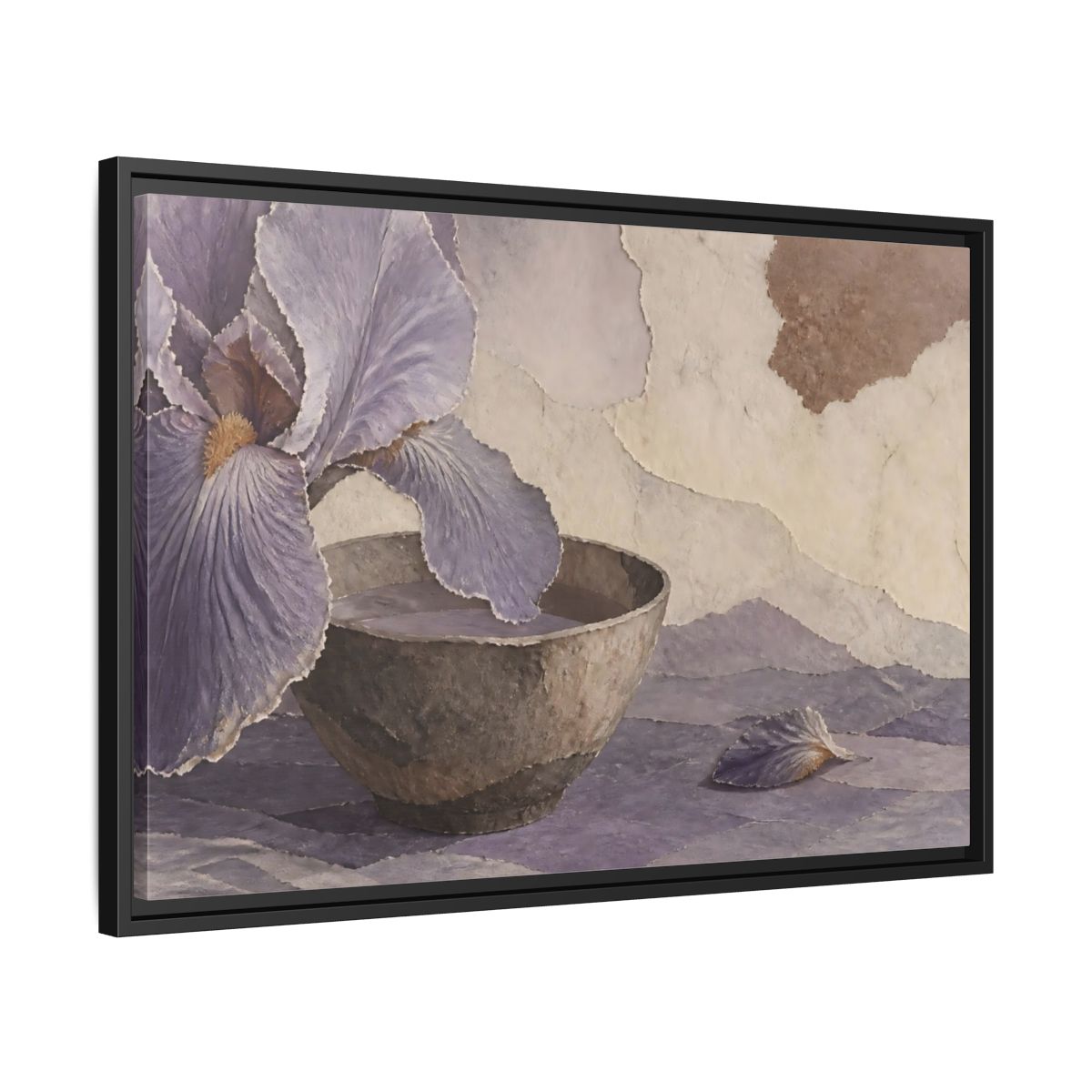 Side Mockup 14. Lavender Iris And Clay Bowl shown as framed canvas print