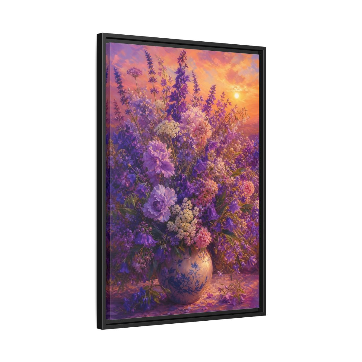 Side Mockup 14. Lavender Sunset Bouquet shown as framed canvas print