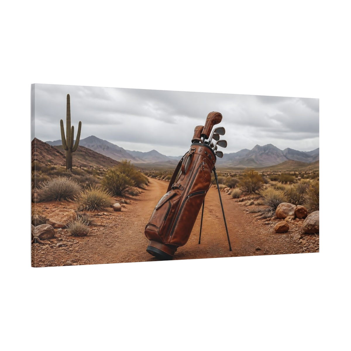 Side Mockup 2. Leather Golf Bag In Desert shown as canvas print