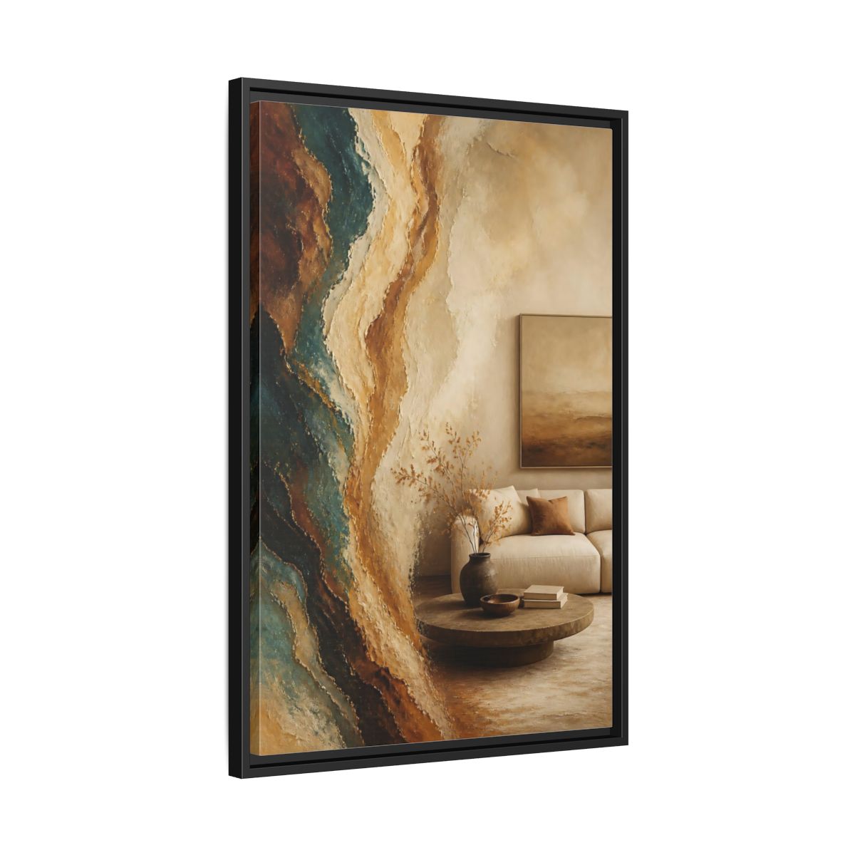 Side Mockup 14. Living Room Mineral Waves shown as framed canvas print
