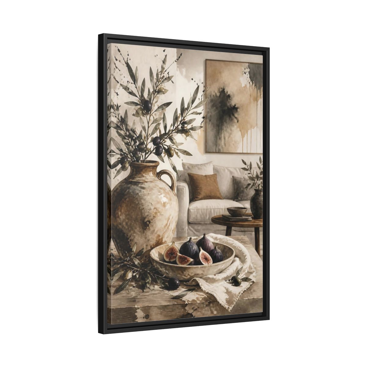 Side Mockup 14. Living Room Olive Jug & Figs shown as framed canvas print