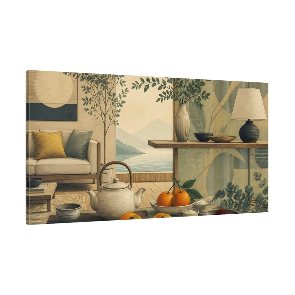 Side Mockup 2. Living Room Teapot Still Life shown as canvas print