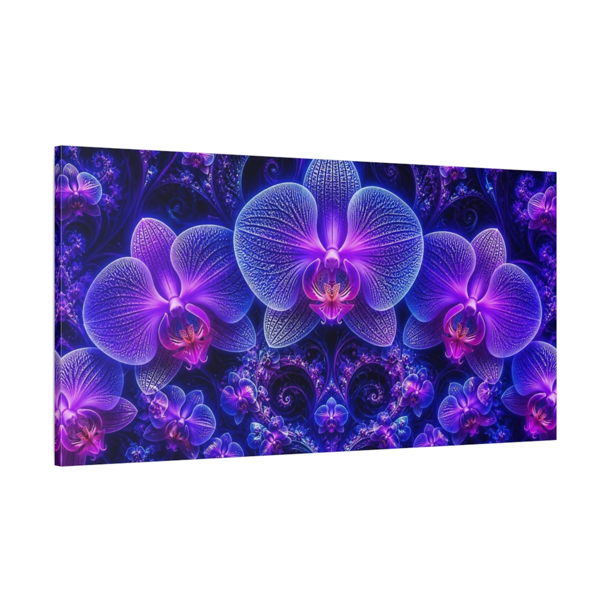 Side Mockup 2. Luminous Neon Orchid Garden shown as canvas print