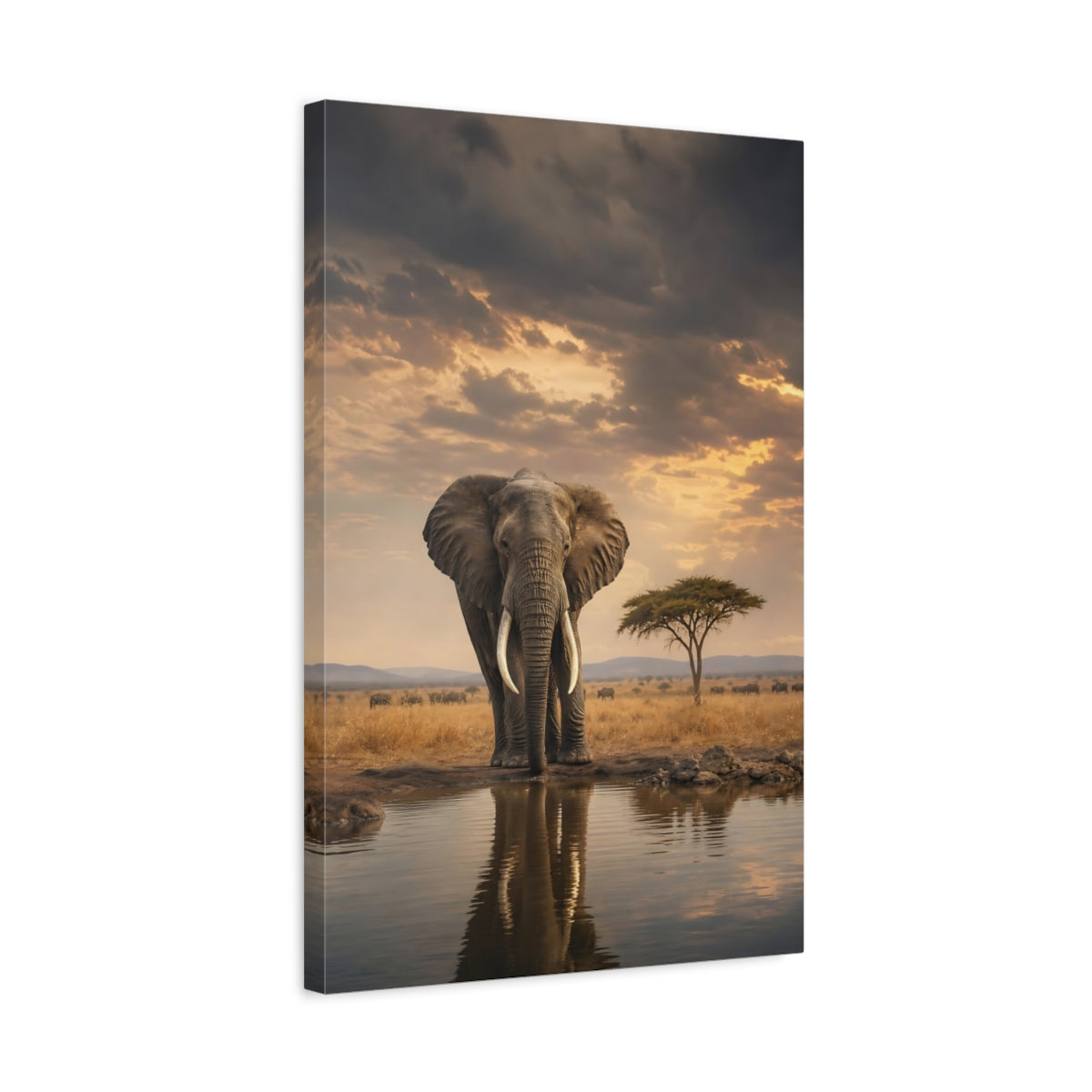 Side Mockup 3. Majestic Elephant At Waterhole shown as canvas print