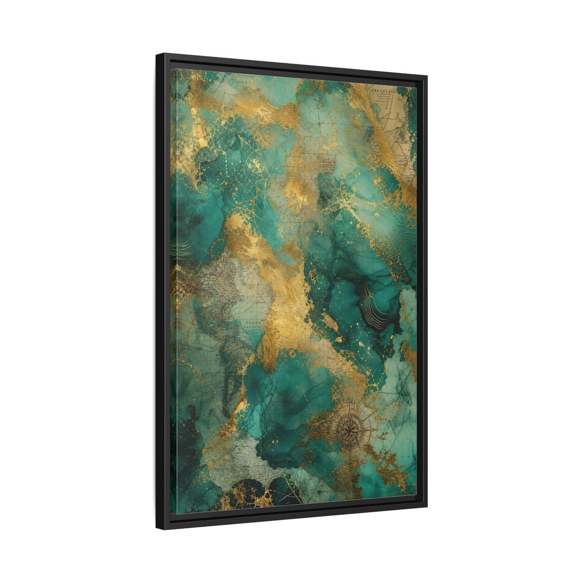 Side Mockup 14. Maps Vintage Map Emerald Gold Map shown as stretched canvas wall art