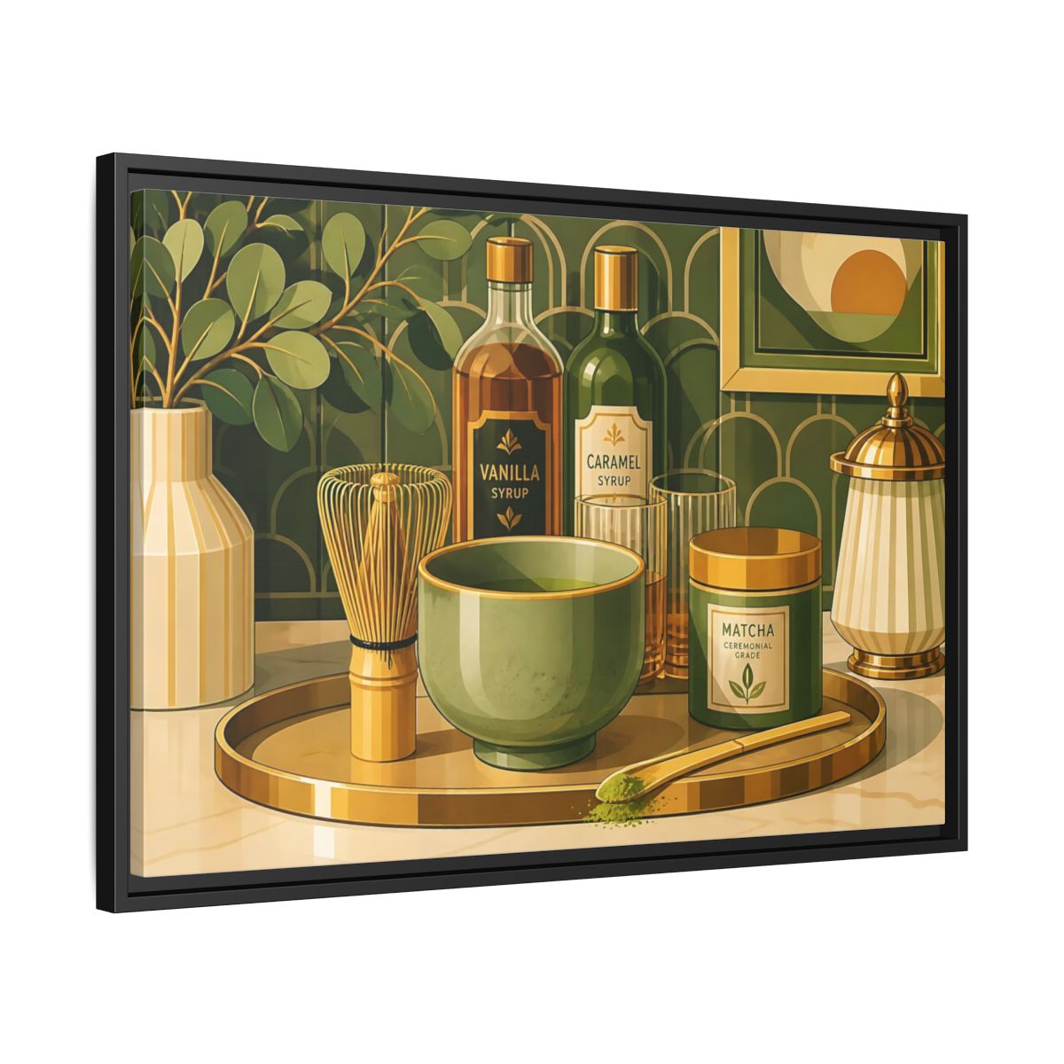 Side Mockup 14. Matcha Tea Still Life shown as framed canvas print