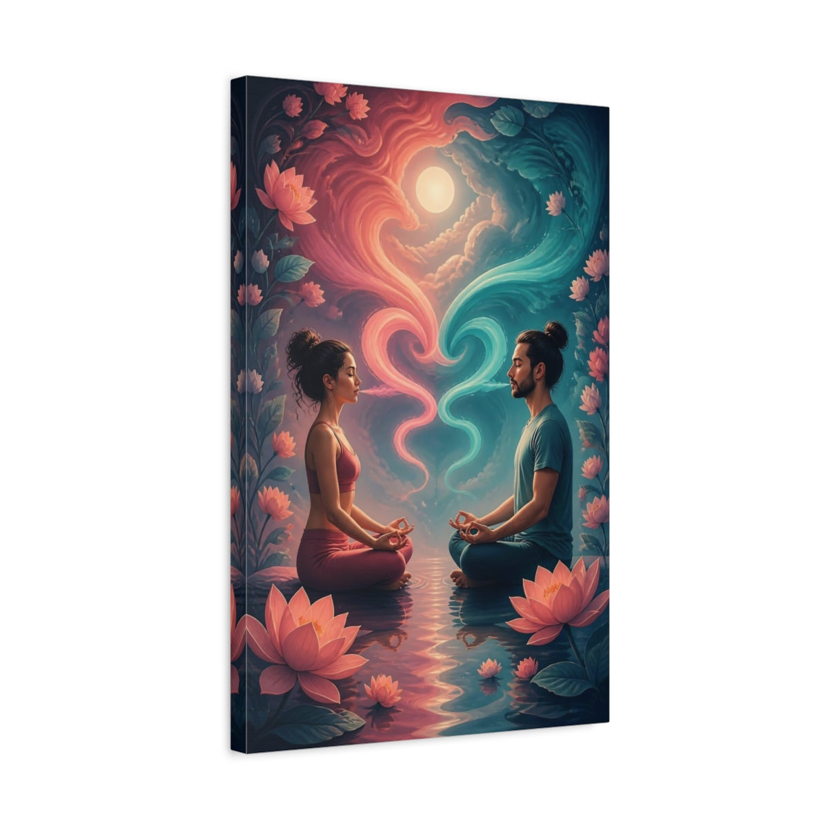 Side Mockup 3. Meditating Couple With Lotus shown as canvas print