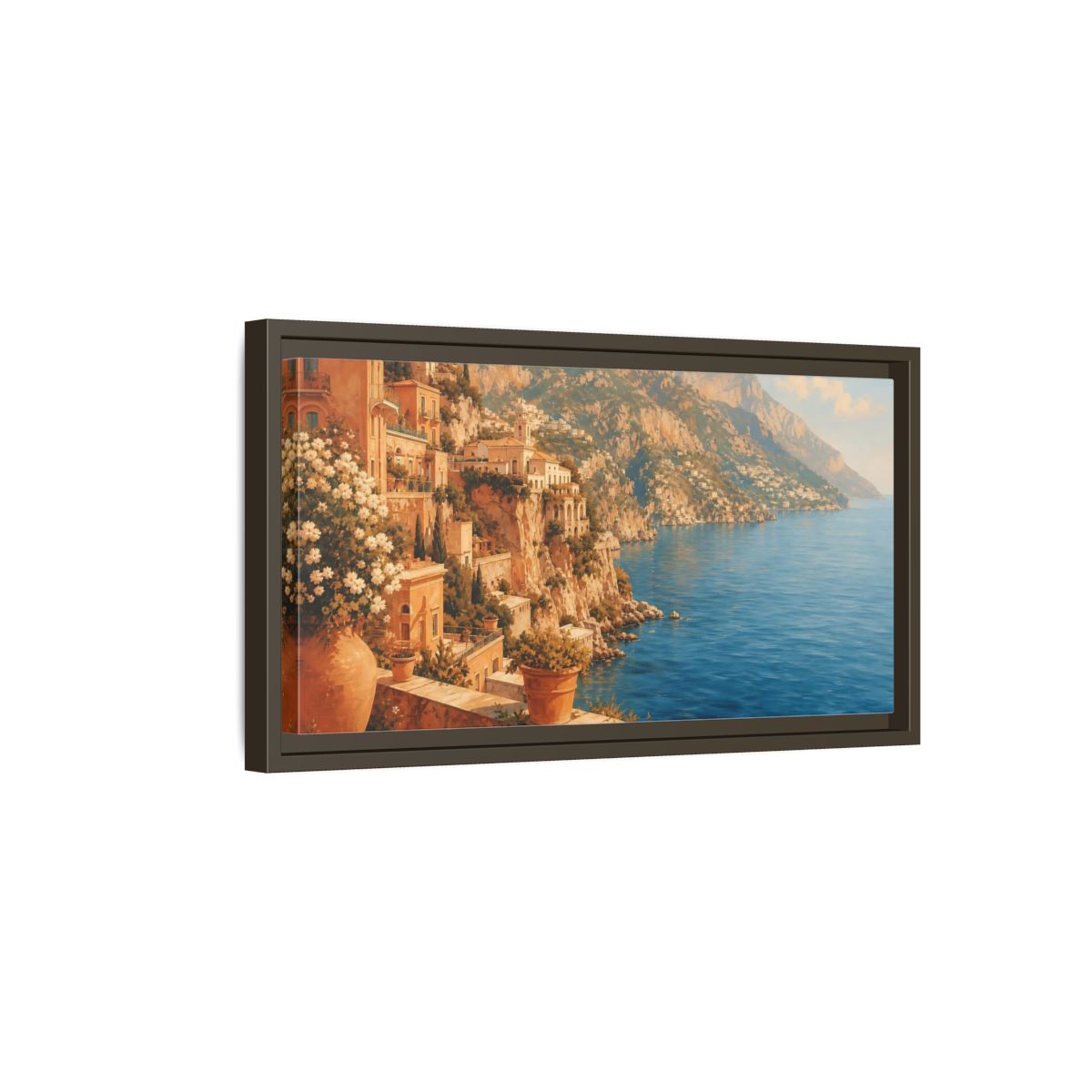 Side Mockup 7. Mediterranean Cliffside Villa shown as framed canvas print