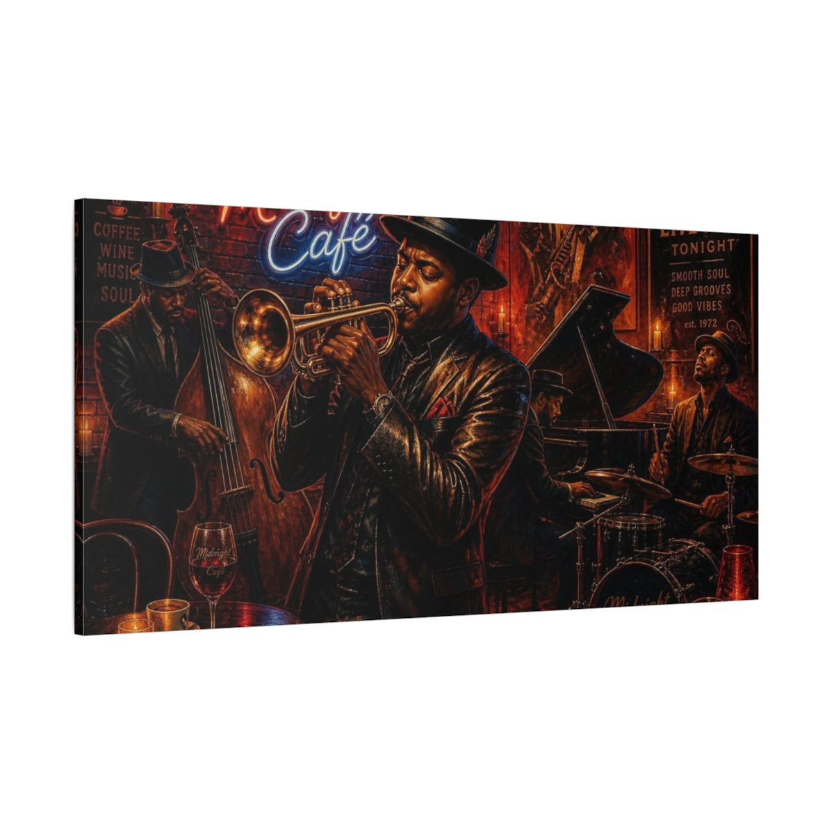 Side Mockup 2. Midnight Café Jazz Quartet shown as canvas print