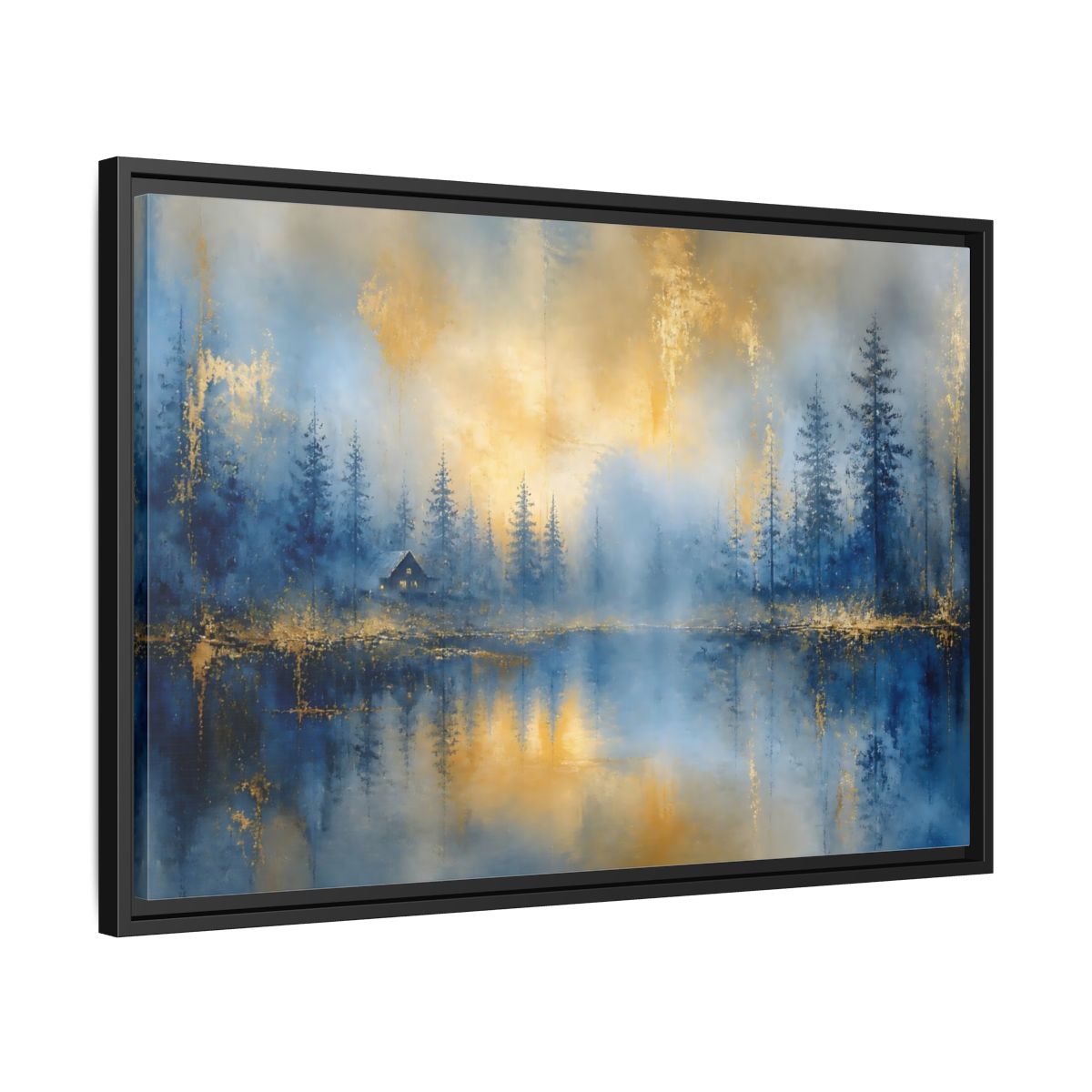 Side Mockup 14. Misty Blue Cabin shown as framed canvas print