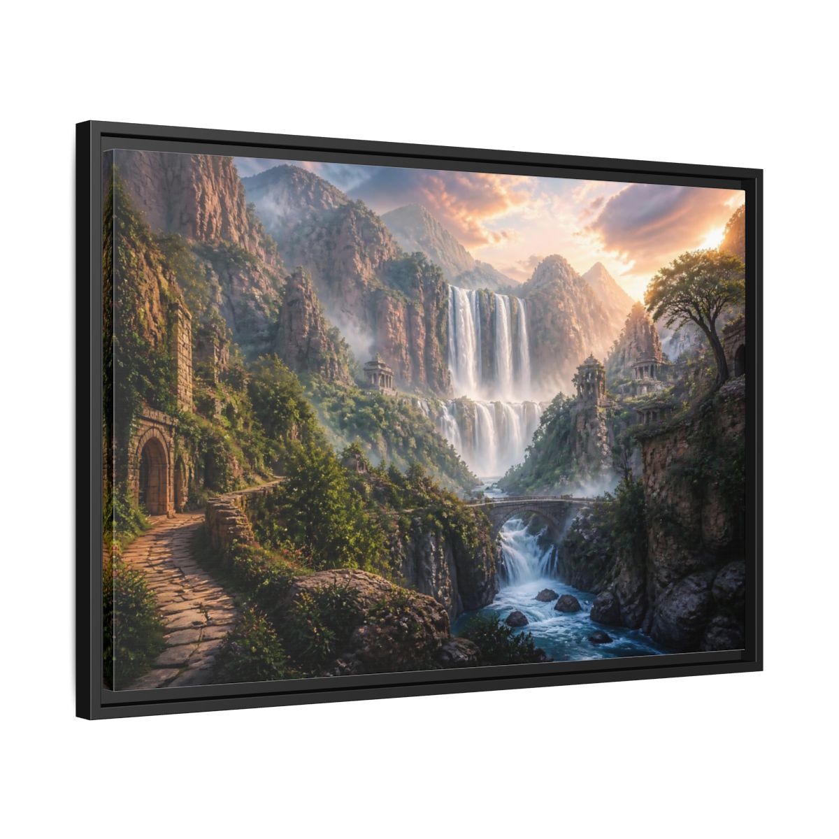 Side Mockup 14. Misty Canyon Waterfall Ruins shown as framed canvas print