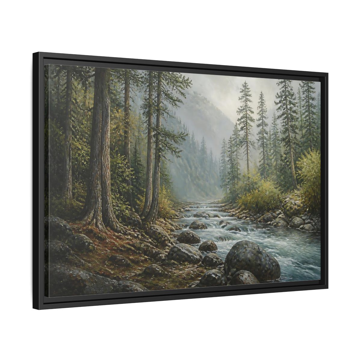Side Mockup 14. Misty Mountain Stream shown as framed canvas print