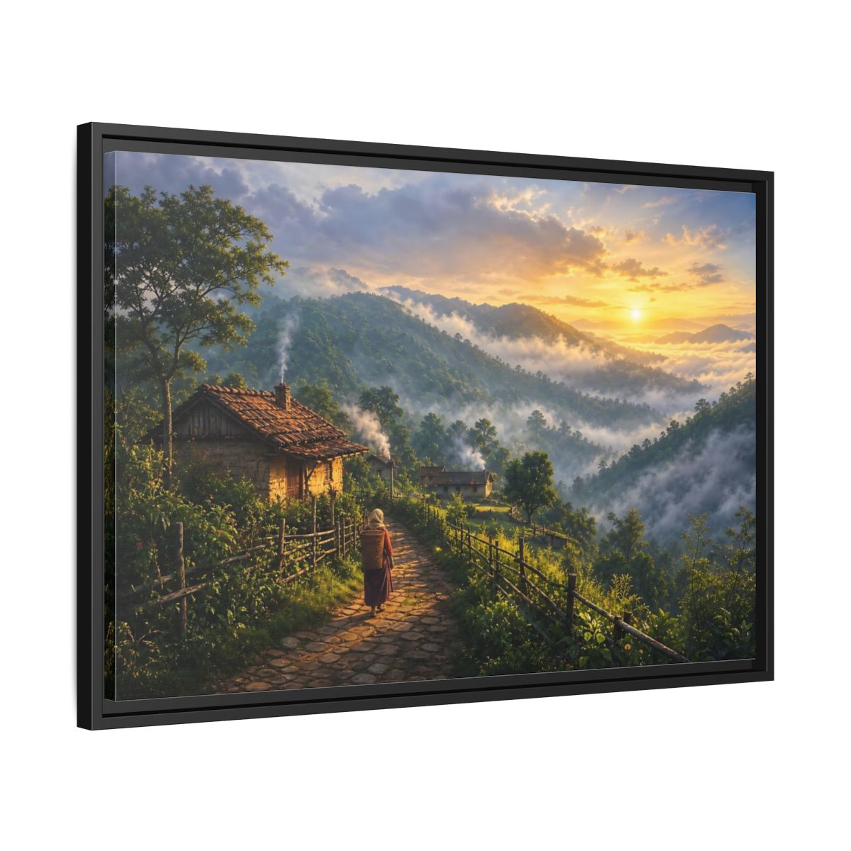 Side Mockup 14. Misty Mountain Village Sunrise shown as framed canvas print