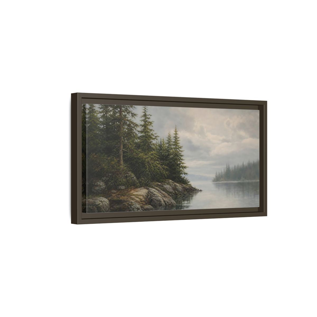 Side Mockup 7. Misty Pine Shoreline shown as framed canvas print