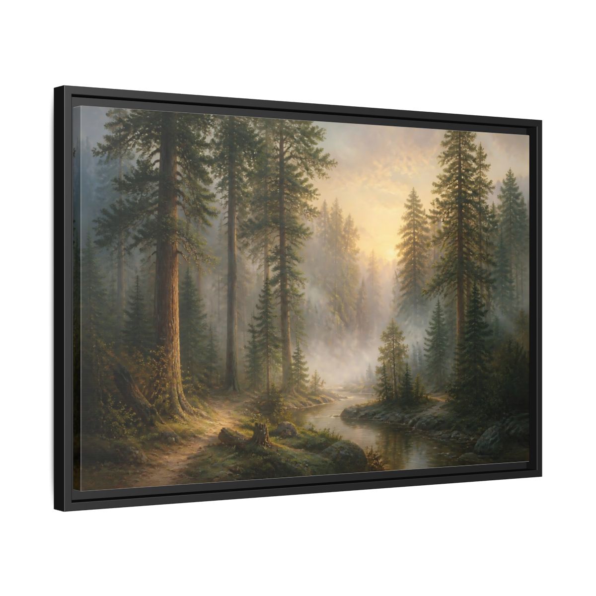 Side Mockup 14. Misty Pines At Dawn shown as framed canvas print