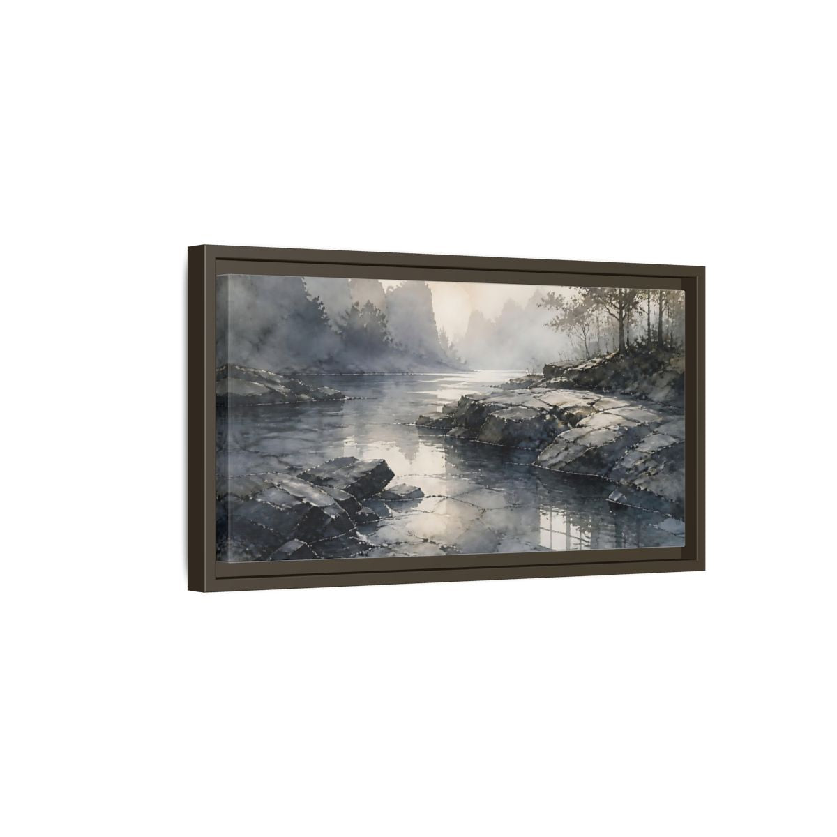 Side Mockup 7. Misty Rock Shoreline shown as framed canvas print