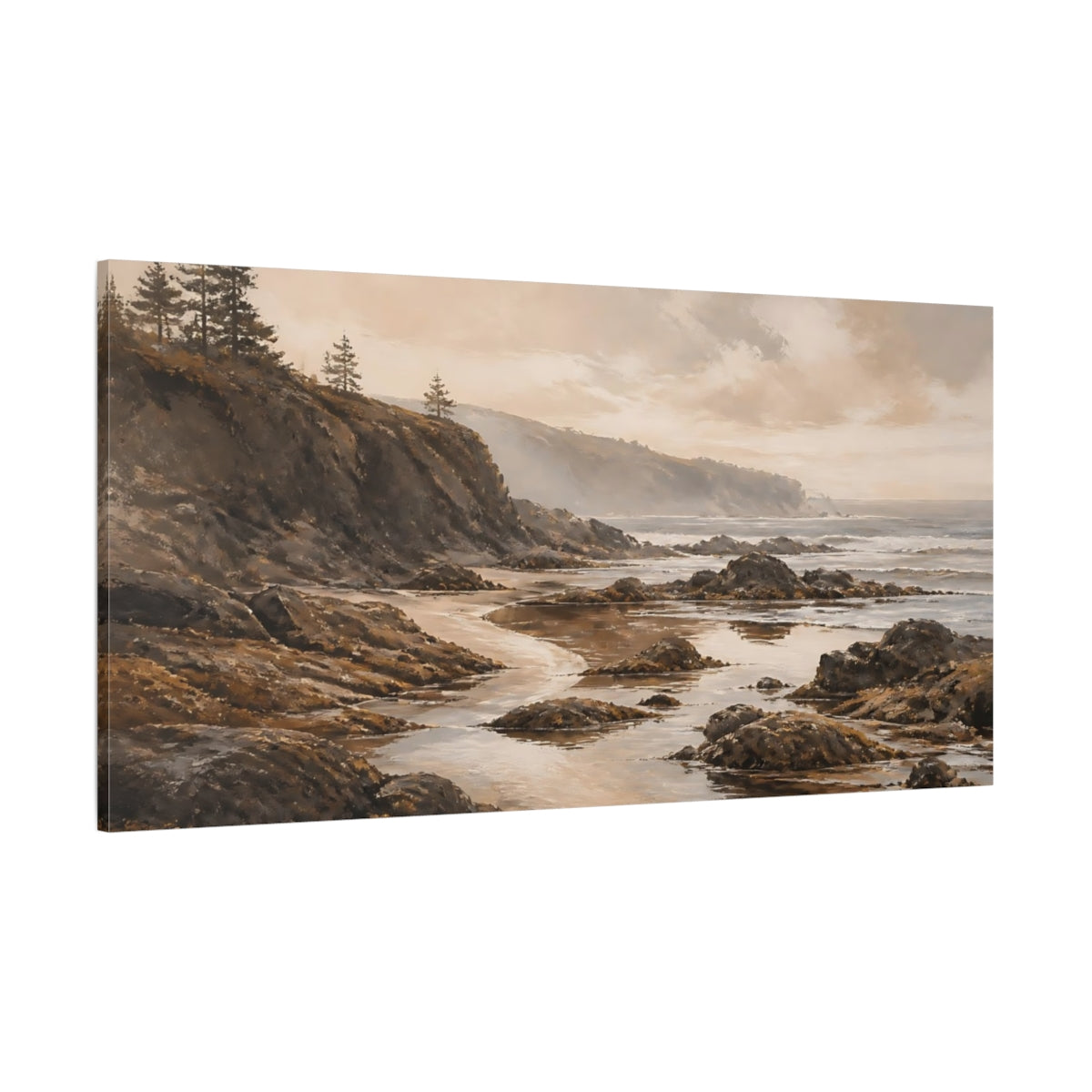 Side Mockup 2. Misty Rocky Shoreline shown as canvas print