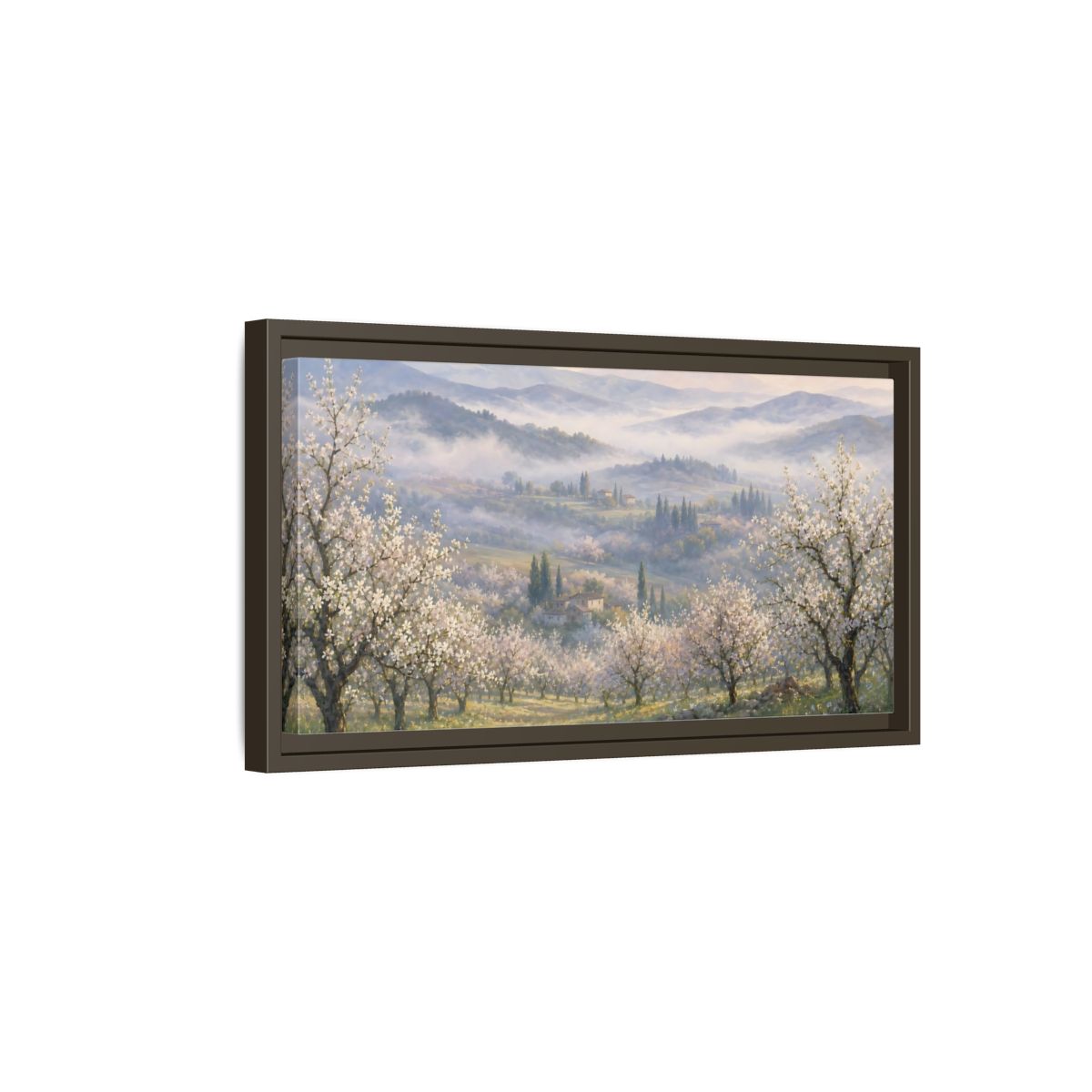 Side Mockup 7. Misty Spring Orchard shown as framed canvas print