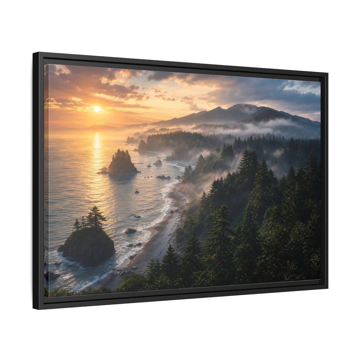 Side Mockup 14. Misty Sunset Coastline shown as framed canvas print