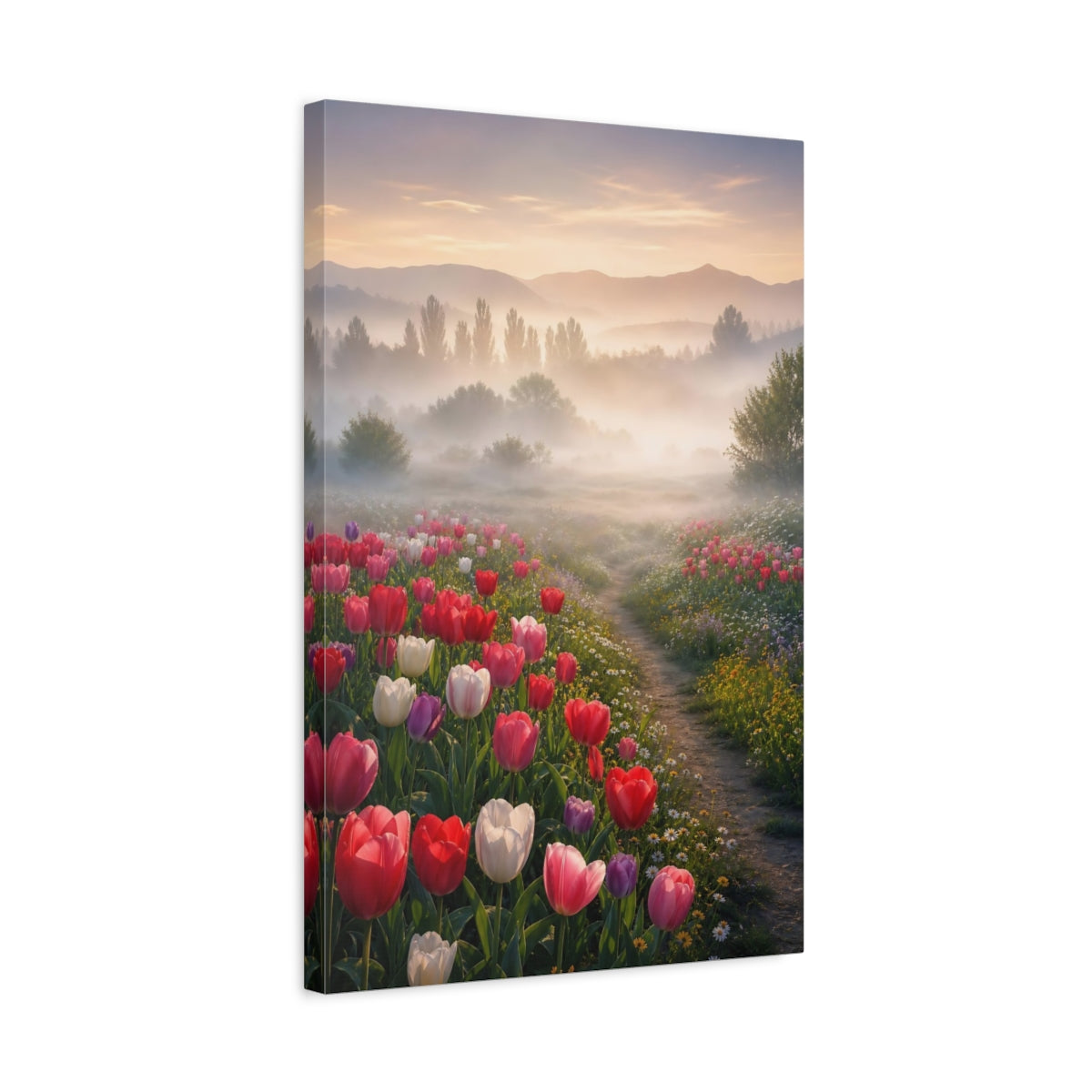 Side Mockup 3. Misty Tulip Meadow shown as canvas print