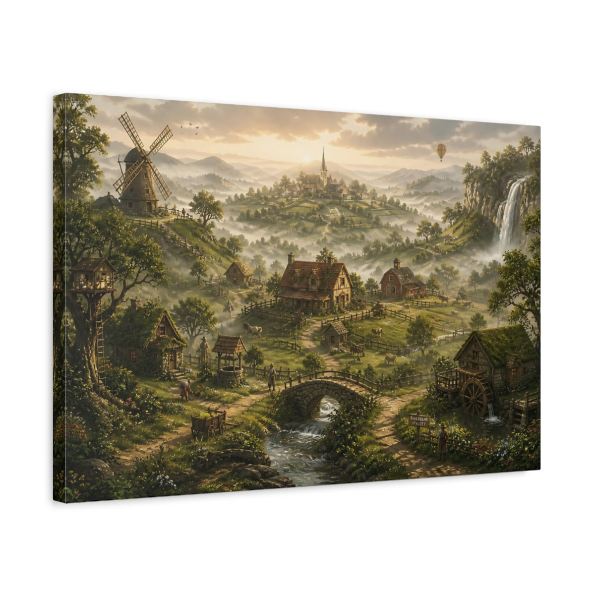 Side Mockup 3. Misty Village At Dawn shown as canvas print