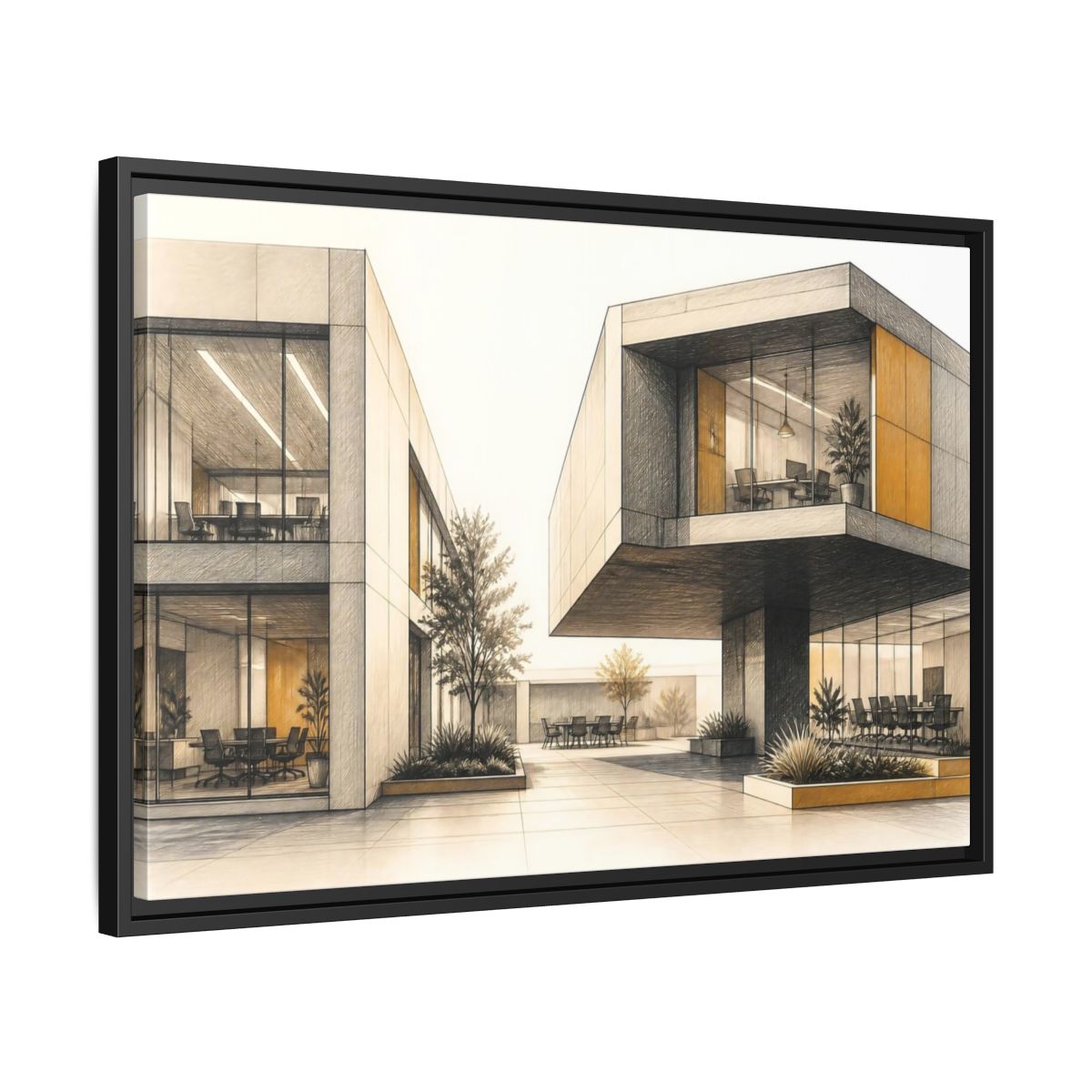 Side Mockup 14. Modern Office Cantilever Atrium shown as framed canvas print