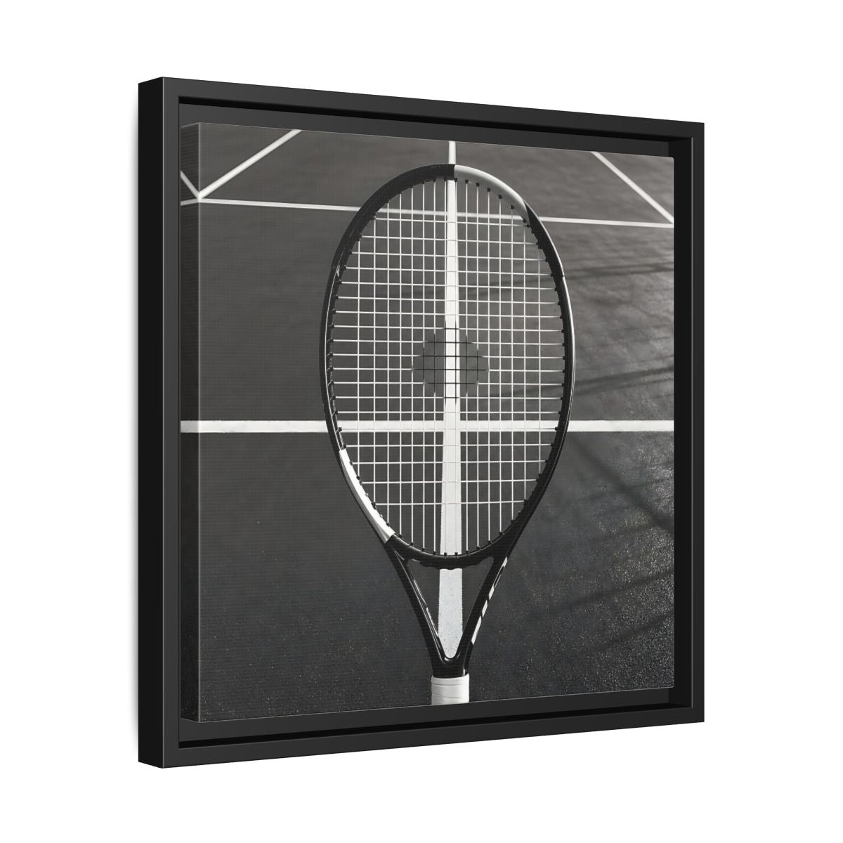 Side Mockup 32. Monochrome Tennis Racket shown as framed canvas print
