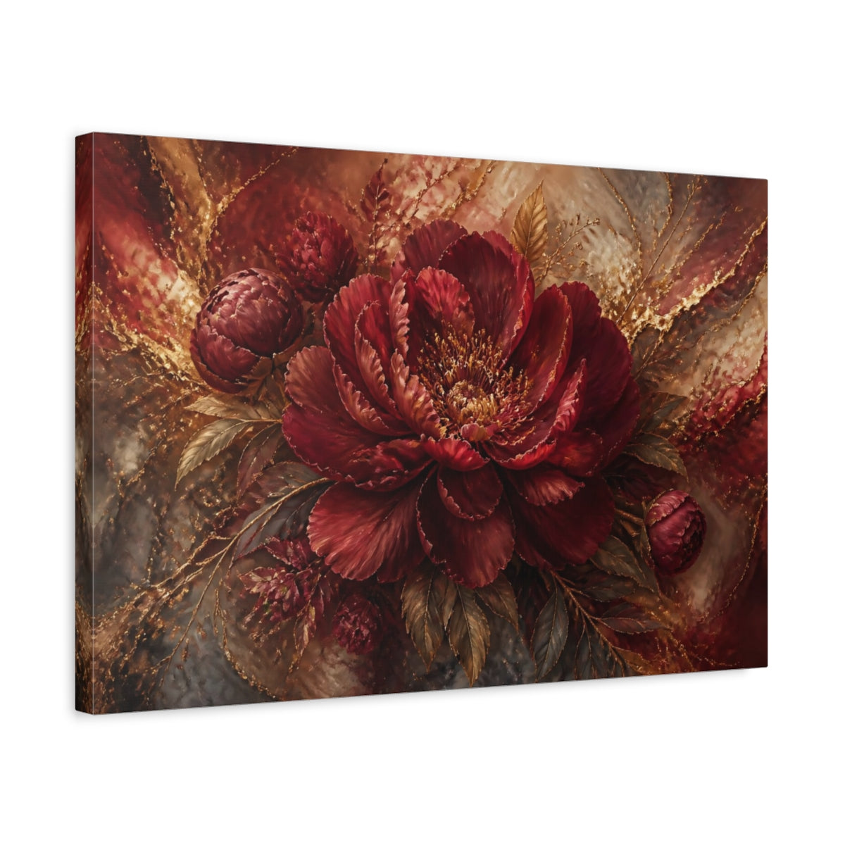 Side Mockup 3. Monumental Burgundy Peony shown as canvas print
