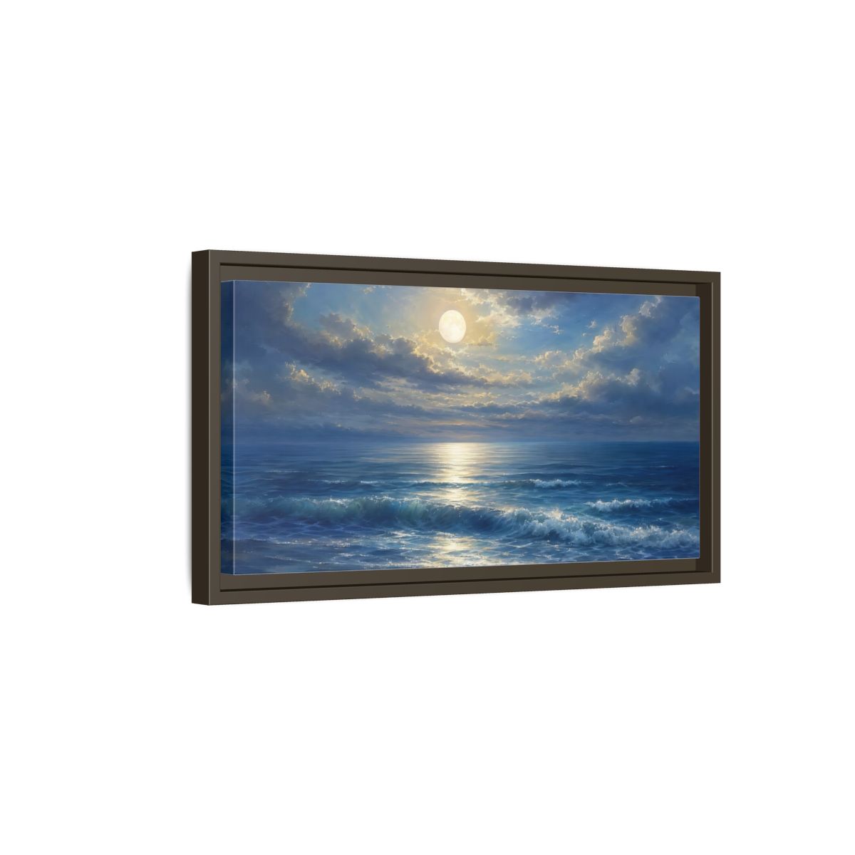 Side Mockup 7. Moonlight Over Calm Sea shown as framed canvas print