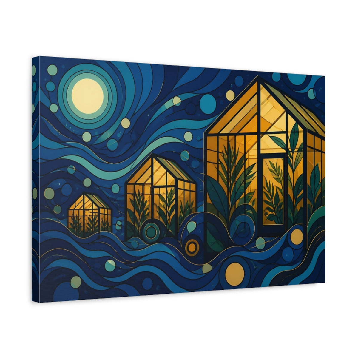 Side Mockup 3. Moonlit Amber Greenhouses shown as canvas print