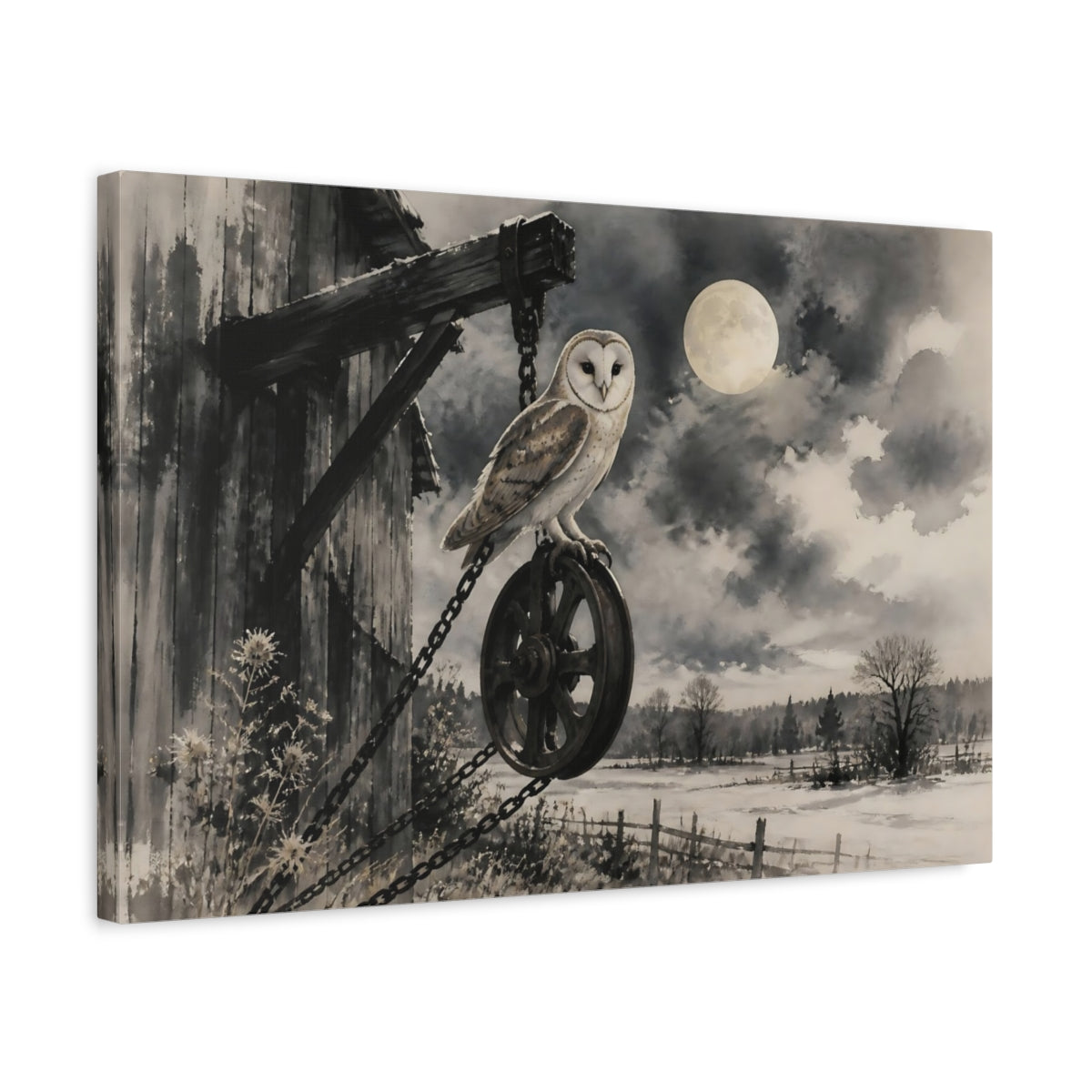 Side Mockup 3. Moonlit Barn Owl shown as canvas print