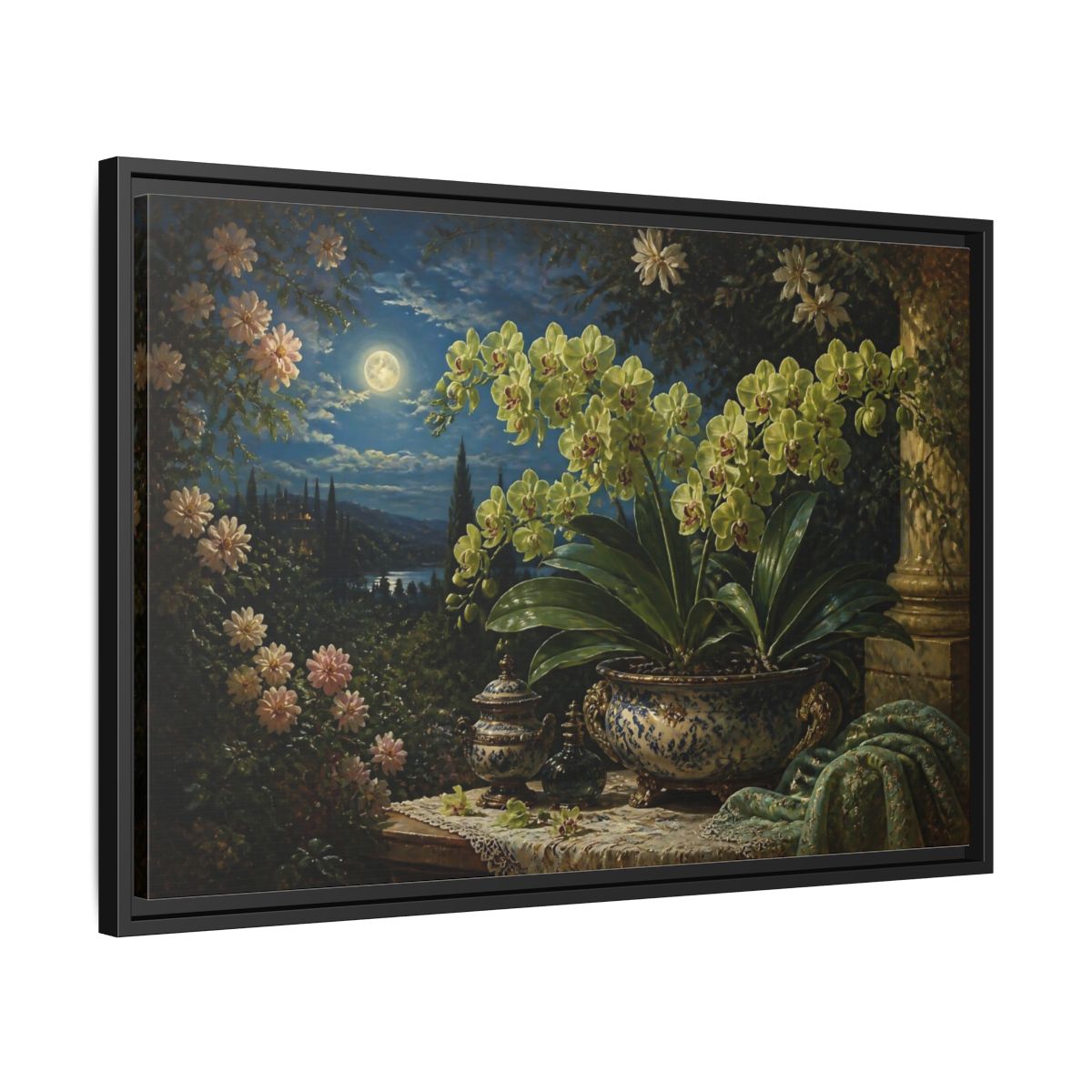 Side Mockup 14. Moonlit Floral Orchid shown as framed canvas print