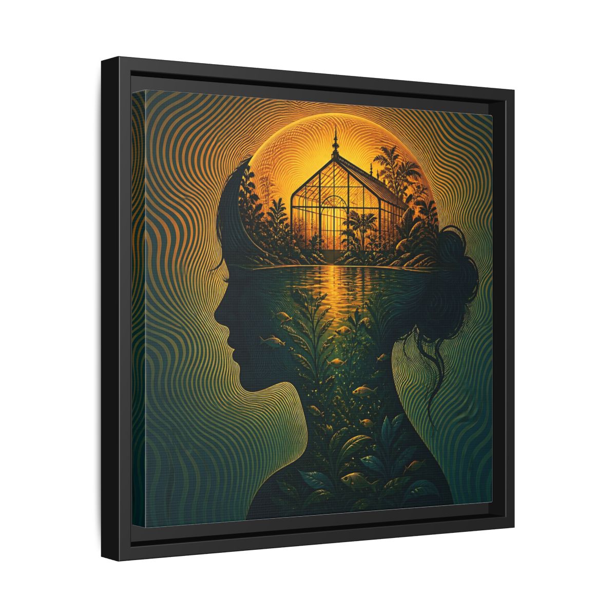 Side Mockup 32. Moonlit Greenhouse Mind shown as framed canvas print