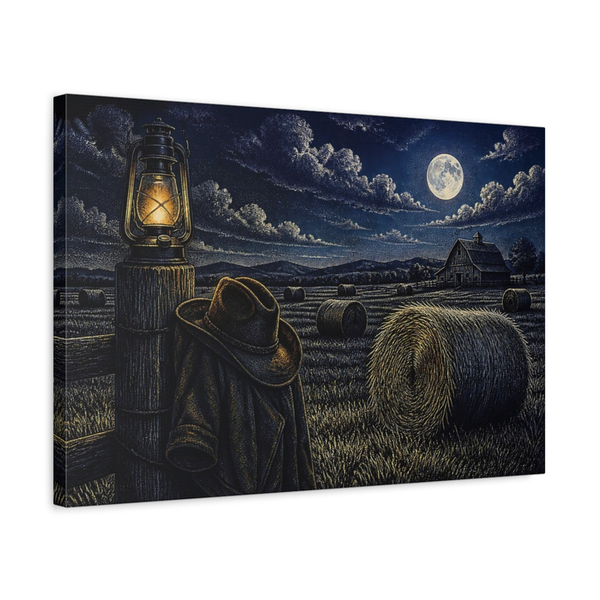 Side Mockup 3. Moonlit Hayfield shown as canvas print