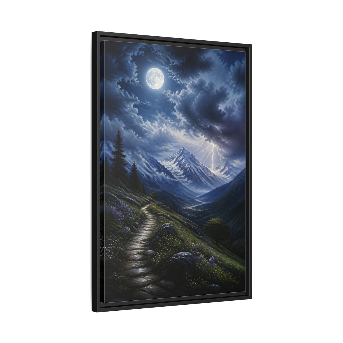 Side Mockup 14. Moonlit Mountain Trail shown as framed canvas print