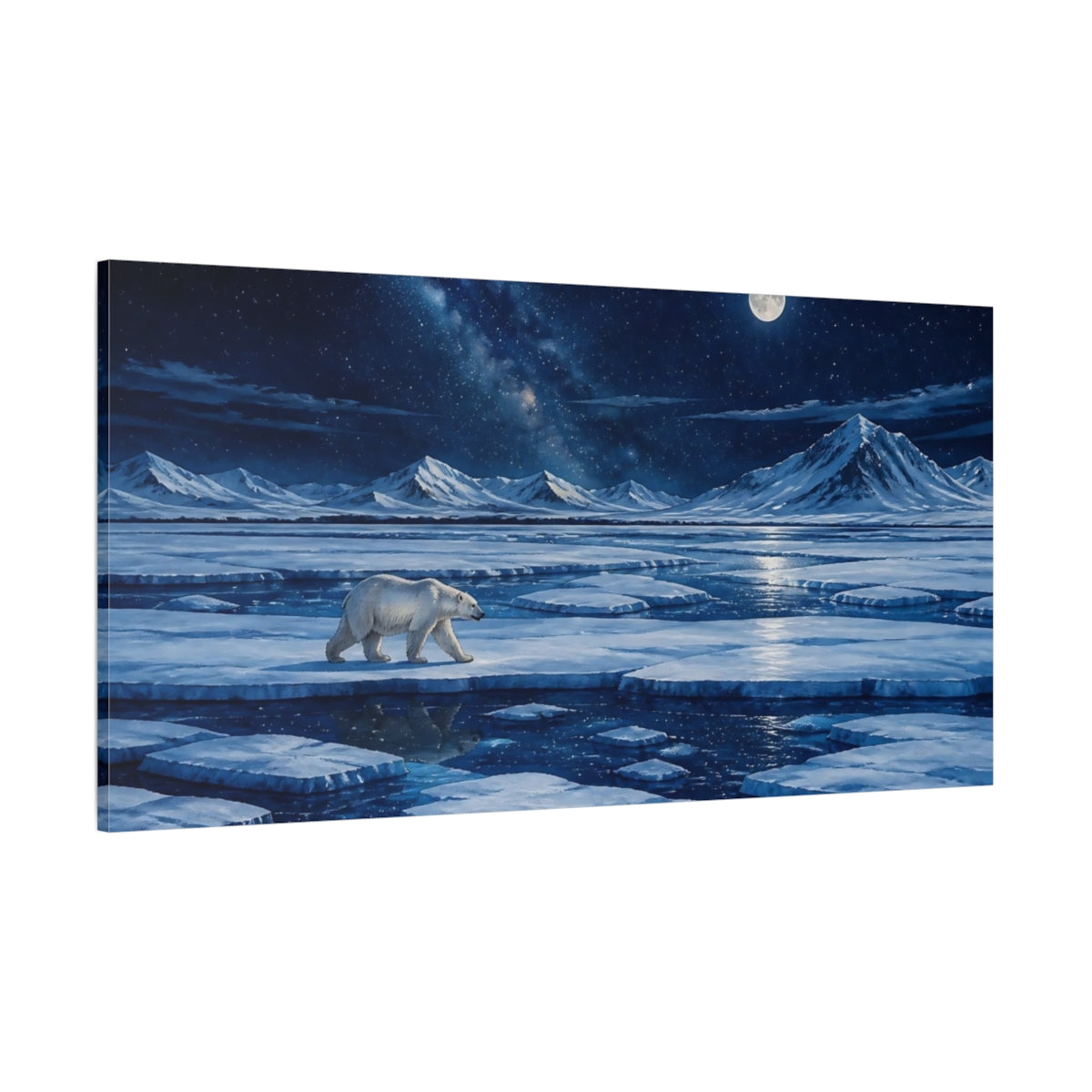 Side Mockup 2. Moonlit Polar Bear On Ice shown as canvas print