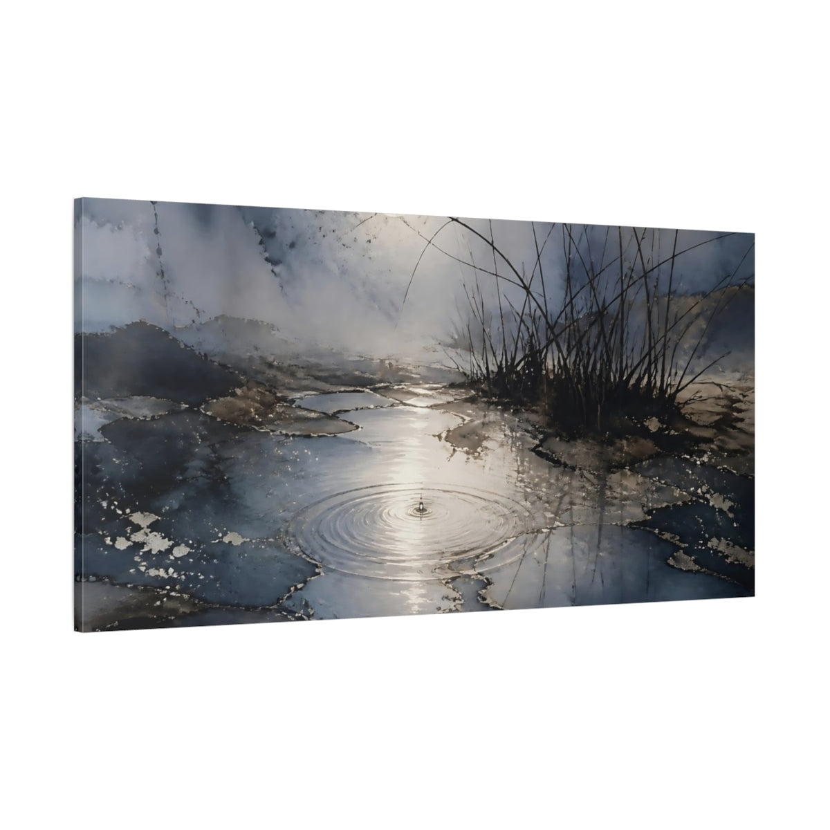Side Mockup 2. Moonlit Pond With Reeds shown as canvas print